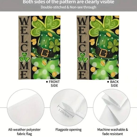 St Patrick's Day Garden Flag Shamrocks Clovers Green Hat Welcome Yard Holiday De - Picture 3 of 3